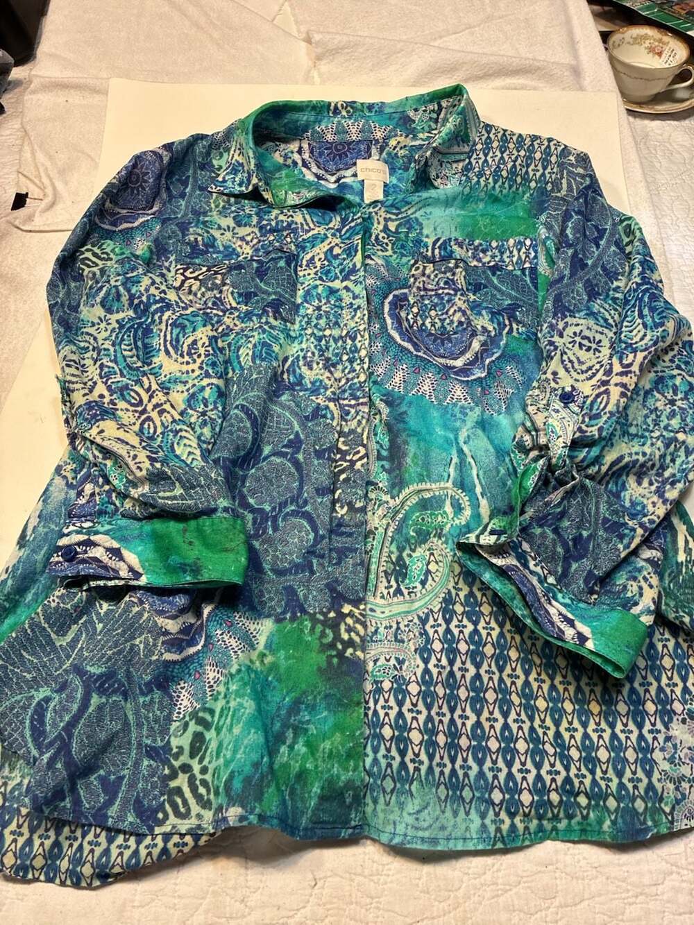 Chico's Blue Green Paisley Print Button-Up Long Sleeve Blouse Size 2